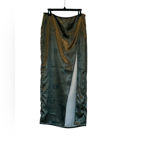 Free People Serena Slim Maxi Skirt Moon Celestial Green Olive Combo Satin 8 - Picture 6 of 16